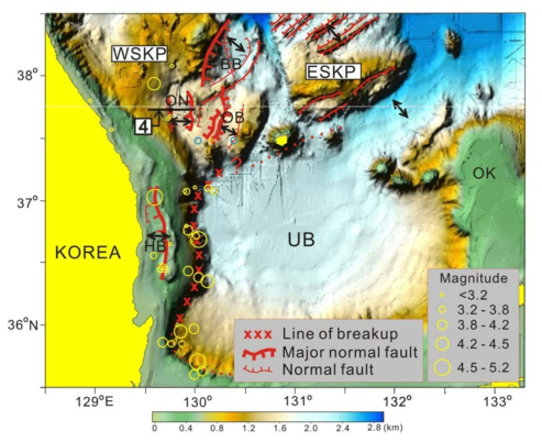 Detailed bathymetry of the eastern continental margin of the Korean Peninsula with the overlay of faults associated with back-arc rifting and the line of breakup.