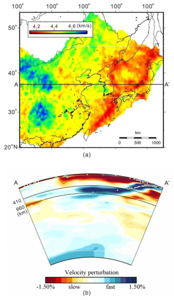 (a) Horizontal slice of s-wave velocity at 70 km depth in the East Sea and its surrounding regions. (b) P-wave velocity cross-section of the mantle along transect A-A’ (see Fig. 3-4a for location) from the GAP-P4 model (Obayashi et al., 2013) available at