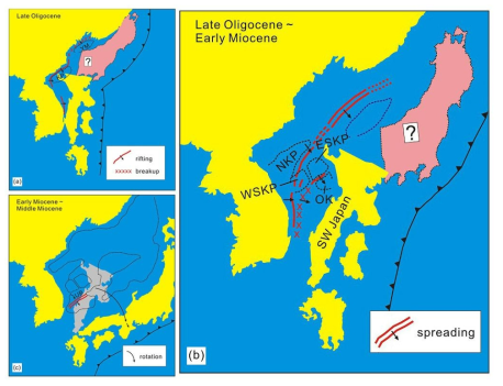 (a) Schematic diagram showing sequential episodes of back-arc rifting to spreading from the northern to southern parts of the Korea margin (modified from Kim et al., 2015). (a) Initiation of back-arc rifting and breakup at the northern margin. (b) Back-arc rifting and breakup at the southern margin. (c) Back-arc spreading and clockwise rotation of the SW Japan Arc. See text for explanations.