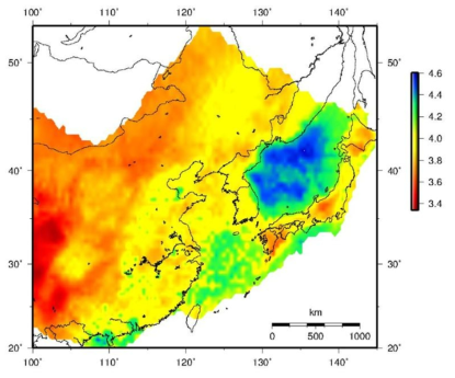 Horizontal slice of s-wave velocity at 30 km depth in the East Sea and its surrounding regions.