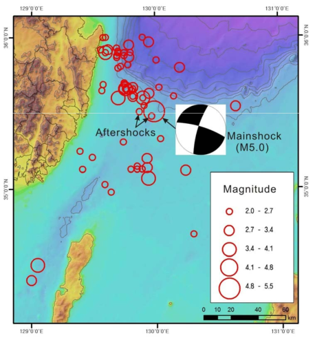 Epicenters of the 2016/7/5 earthquake sequence consisting of a M5.0 mainshock and two aftershocks greater than magnitude 2. The fault plane solution is from Park et al. (2016).