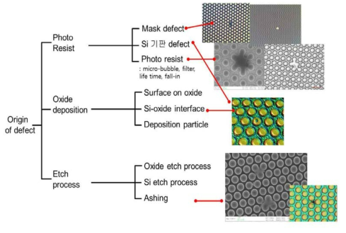 결함(defect) 발생 근원 (source) 구분 및 관찰된 결함의 모양 사진