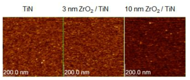 NH3 플라즈마 60초 처리한 TiN 기판과, 3nm, 10nm ZrO2가 성장된 표면의 AFM분석