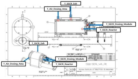 Solid SCR 시제품 type 2 설계도면 및 설치된 온도센서의 이름 및 위치