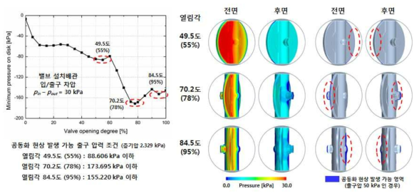 밸브 작동에 의한 디스크 주변 공동화 현상 발생 가능성 예측 결과