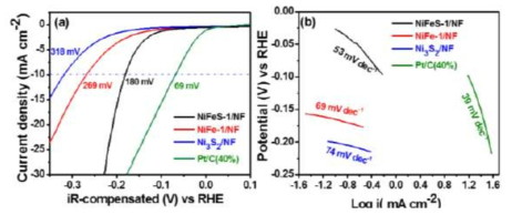 다양한 촉매의 HER 성능 비교를 위한 (a) HER polarization curves, (b) 이에 상응하는 Tafel slope 그래프