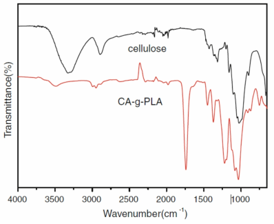 FT-IR spectra of cellulose and CA-g-PLA.