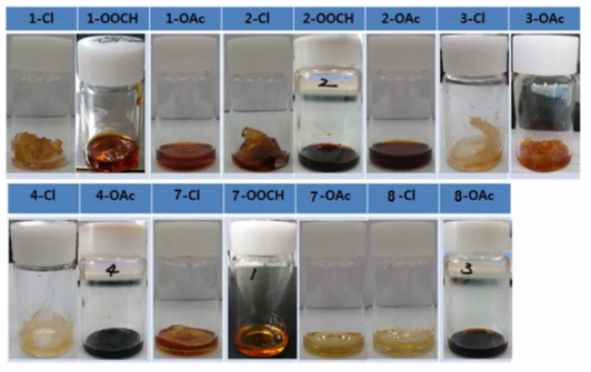 Photos of cellulose/ionic liquid (1,3-dialkylimidazolium salt) solutions.
