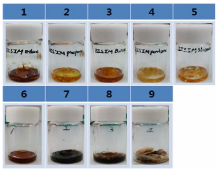Photos of cellulose/ionic liquid (bis-imidazolium and biimidazolium salt) solutions.