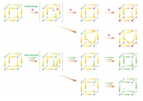 유기금속구조체 골격을 이루는 중심금속이온의 교체 (좌) 및 리간드의 교체에 (우) 관한 스킴