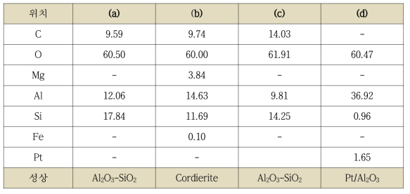 SEM/EDX로 분석한 H-DOC 촉매의 위치별 성분 표시