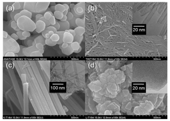 SEM images of (a) TiO2(anatase), (b) nanotuble TiO2, (c) nanorod TiO2 and (d) poly-crystalline particles TiO2