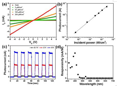 (a) I–V characteristics and (b) dependence of photocurrent of RbPbI3NWs film as a function of incident light intensity. (c)Photocurrent-time response measured in the dark and under illumination using a laser diode at 405 nm as a function of applied bias.(d) Spectral dependence of the photocurrent