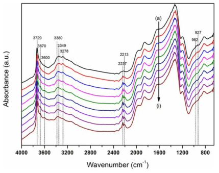 400℃에서 30분간 NH3로 환원된 Fe/BEA 제올라이트 촉매에서 수분없이 N2O흐름에 따른 In-situ DRIFTS spectra (50 sccm of N2O/He (1.0 vol%), for 15 min) : (a) 0, (b) 1, (c) 3, (d) 5, (e) 7, (f) 9, (g) 11, (h) 13, and (i) 15 min