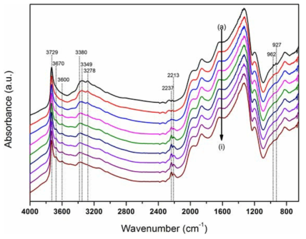 400℃에서 30분간 NH3로 환원된 Fe/BEA 제올라이트 촉매에서 수분과 함께 N2O흐름에 따른 In-situ DRIFTS spectra (50 sccm of N2O/He(1.0 vol%), for 15 min) : (a) 0, (b) 1, (c) 3, (d) 5, (e) 7, (f) 9, (g) 11, (h) 13, and (i) 15 min.