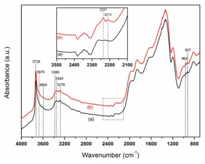 400 ℃ NH3-SCR 반응 조건에서의 Fe/BEA 제올라이트촉매의 in-situ DRIFTS spectra: (a) 수증기 없는 조건 (b) 수증기 존재 조건 (100 sccm of NH3/He (0.5 vol%) and 25 sccm of N2O/He (1.0 vol%), after 30 min).