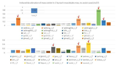 근육의 인체 질량중심 가속도 Z 방향으로의 영향 성분값