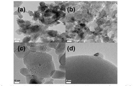 (a) PdO/ZnO (b) PdO/MgO (c) PdO/TiO2 (d) PdO/SiO2의 TEM 사진.