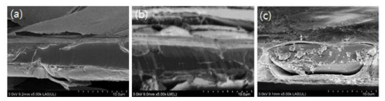 (a) Ni/Cu/Ni 섬유, (b) rGO/Ni/Cu/Ni 섬유, (c) rGO/MnO2/Ni/Cu/Ni 섬유의 SEM 사진.