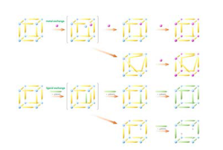 유기금속구조체 골격을 이루는 중심금속이온의 교체 (좌) 및 리간드의 교체에 (우) 관한 스킴.