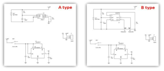 개발한 부스터 모듈 및 배터리 보호회로가 적용된 기판 A, B type의 회로도