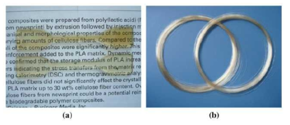 Photographs of CA-g-PLA (DSAC = 1.97, DSPLA = 0.47, MSPLA = 2.25, w % = 33.11 %) dumbbell samples (a) and fibers (b) produced by thermal processing.