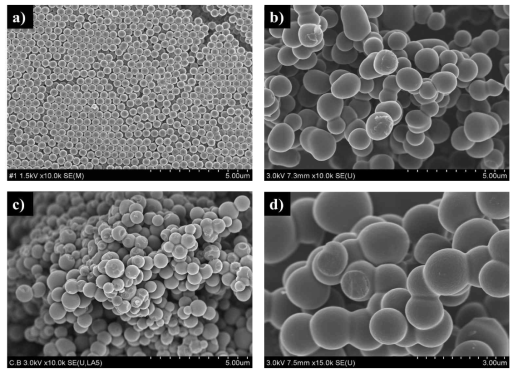 (a) PMMA (b) PMMA/Glu, (c, d) CB 700 소성의 SEM 이미지.