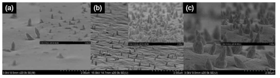 ZnO의 농도와 시간에 따른 ZnO가 증착된 탄소필름 : (a) 0.1 μM(15분,30분(안쪽사진)), (b) 0.25 μM(15분,30분(안쪽사진)), (c) 0.5 μM(15분,30분(안쪽사진)