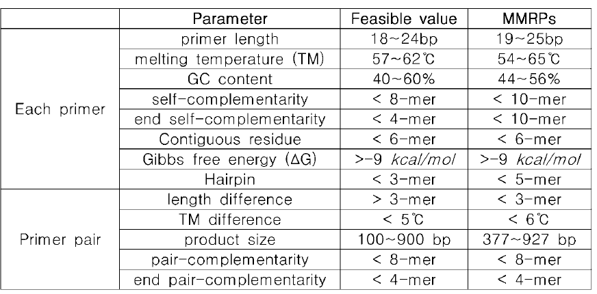 PCR primer 조건 분석 표