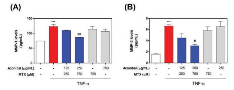 Effects of AMC on TNF-α-induced levels of MMP-1 and MMP-3 in MMP-3 in synovial SW982 cells.