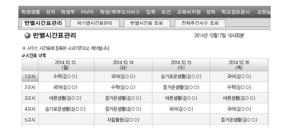 나이스의 수업시수 기록부분