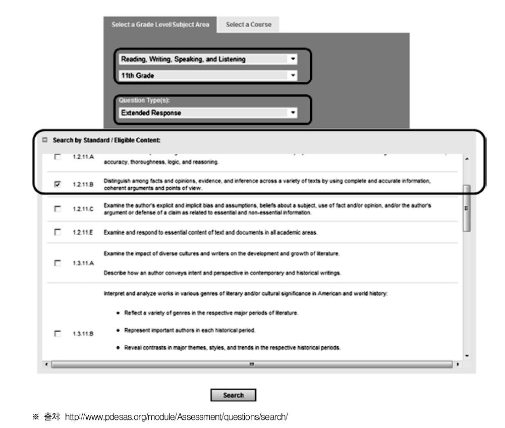 펜실베니아주의 평가문항 개발도구(Assessment Creator)의 평가문항 검색 화면