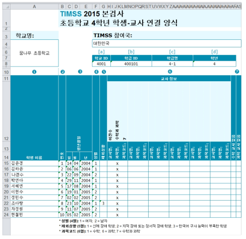 TIMSS 2015 본검사 학생-교사 연결 양식 예시
