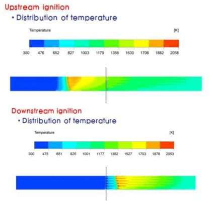 점화 위치에 따른 기체의 온도 분포 비교