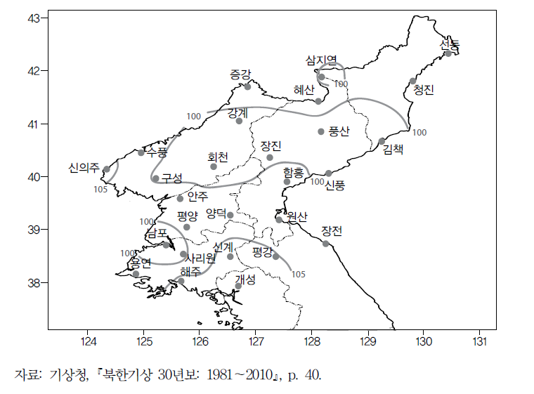 지난 28년(1978～2000년) 대비 최근 30년(1981～2010년) 연강수량 증감비율