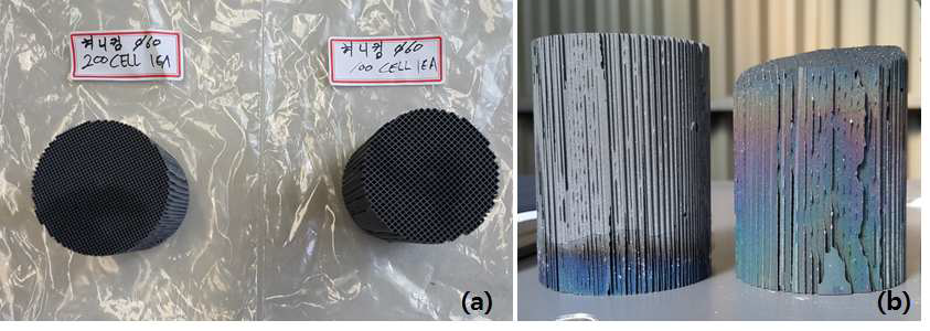 상압소결 SiC 허니컴 (a) 연소 실험 전 (b) 연소 실험 후