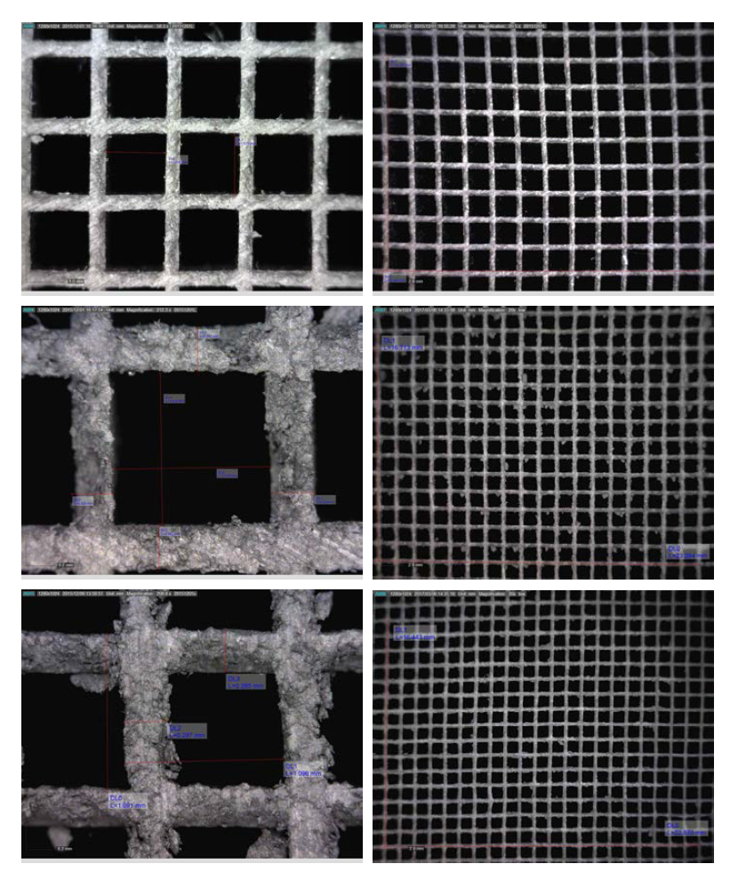 600 LPM급 (상) 100 CPSI (중) 200 CPSI (하) 300 CPSI 허니컴 SiC 소결체의 채널 광학현미경 사진