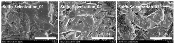 황화수소 가스를 이용한 셀렌-황화 조건에 따라 제작한 CZTSSe 박막 표면 SEM 사진