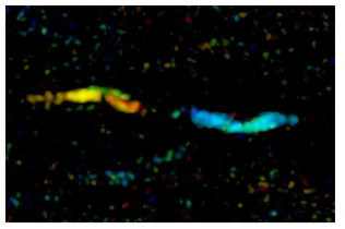 V380 Ori NE 영역의 VLA 관측 영상. 밝기는 SiO v = 0 J = 1-0 분자선의 세기를 나타내고, 색은 시선 속도를 나타낸 다.