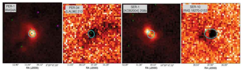 강한 변이성이 있고 원시성과 연관이 있는 850 micron 광원들 의 영상. 두 JCMT Survey 영상간의 밝기 차이를 보여준다.