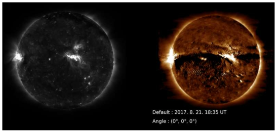 SDO/AIA 193Å으로 관측된 태양 이미지(좌)와 여과후 역투사 기법을 통해 재구성된 태양 이미지(우)