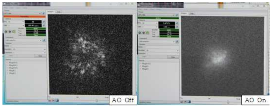 거창 SLR 시스템의 적응광학 시스템을 이용한 첫 번째 영상촬영 화면 - 적응광학시스템 on 이후 0.3 arcsec seeing