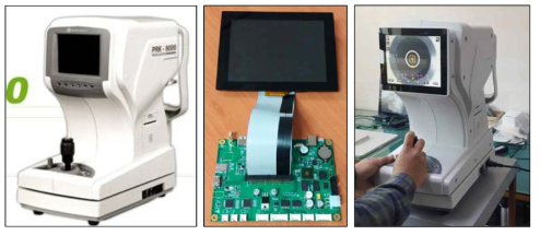 구형 검안기(좌), 개발된 프로세서 기반의 검안기 플랫폼과 8인치터치 LCD(중), 신형 검안기 플랫폼을 적용한 8인치 터치형 검안기(우)