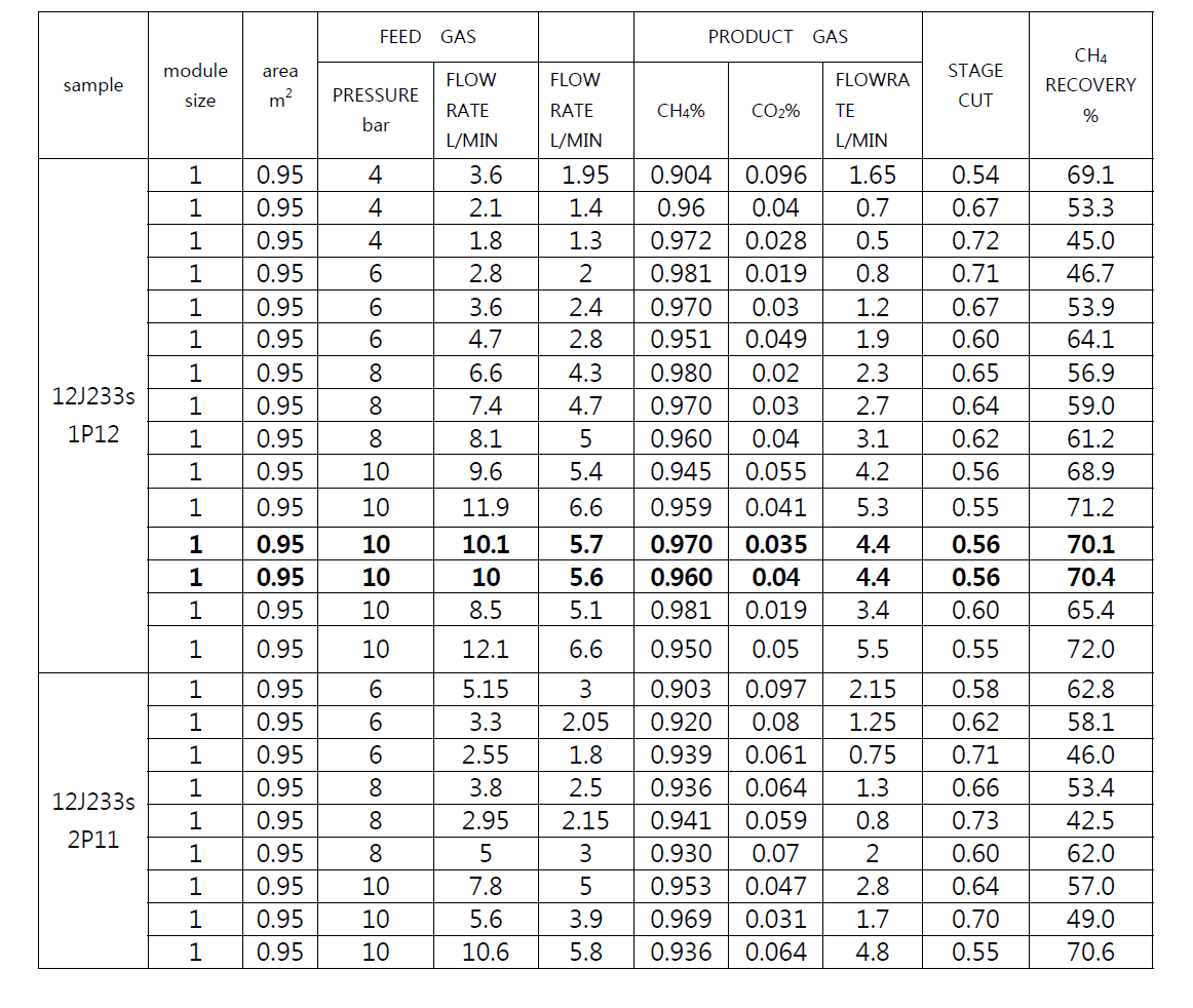 제조된 2 인치 모듈의 혼합가스 투과특성