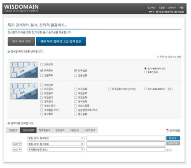 특허정보분석 시스템 WISDOMAIN의 메인 화면