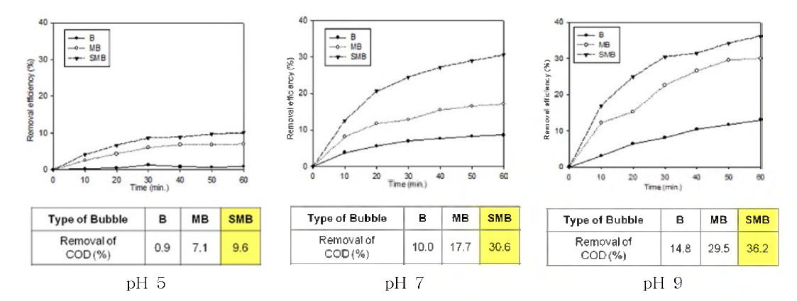 오존주입 시 기포 크기에 따른 C0D 제거 효율