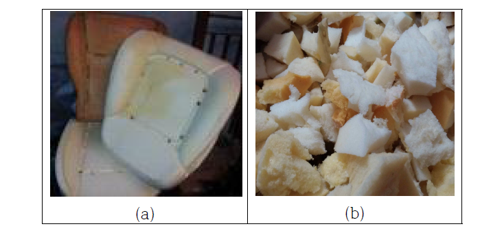 연질 폴리우레탄 자동차 시트폼 (a) 및 파쇄품 (b)