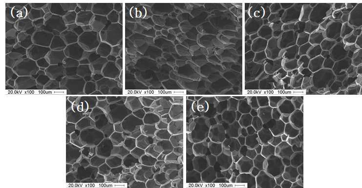 SEM micrographs of rigid polyurethane foam nanocomposites filled with various GNP concentrations: (a) control; (b) G 0.05; (c) G 0.10; (d) G 0.15; (e) G 0.20