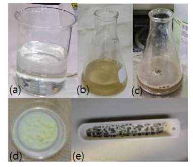 폐 은/백금 페이스트에서 백금의 회수 사진 (a) 염화은 침전 후 여과 용액, (b) 여과 용액 농축 후, (c) 염화백금산암모늄 침전, (d) 여과, (e) 소성후 백금 회수