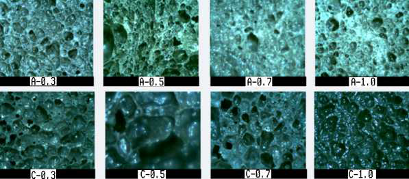 Photography of surface pore of foamed body according to the amount of carbon added